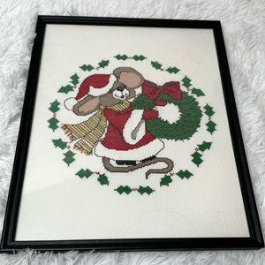 Vintage Santa’s Helper Mouse Wreath Cross Stitch Embroidery Holiday Wall Decor